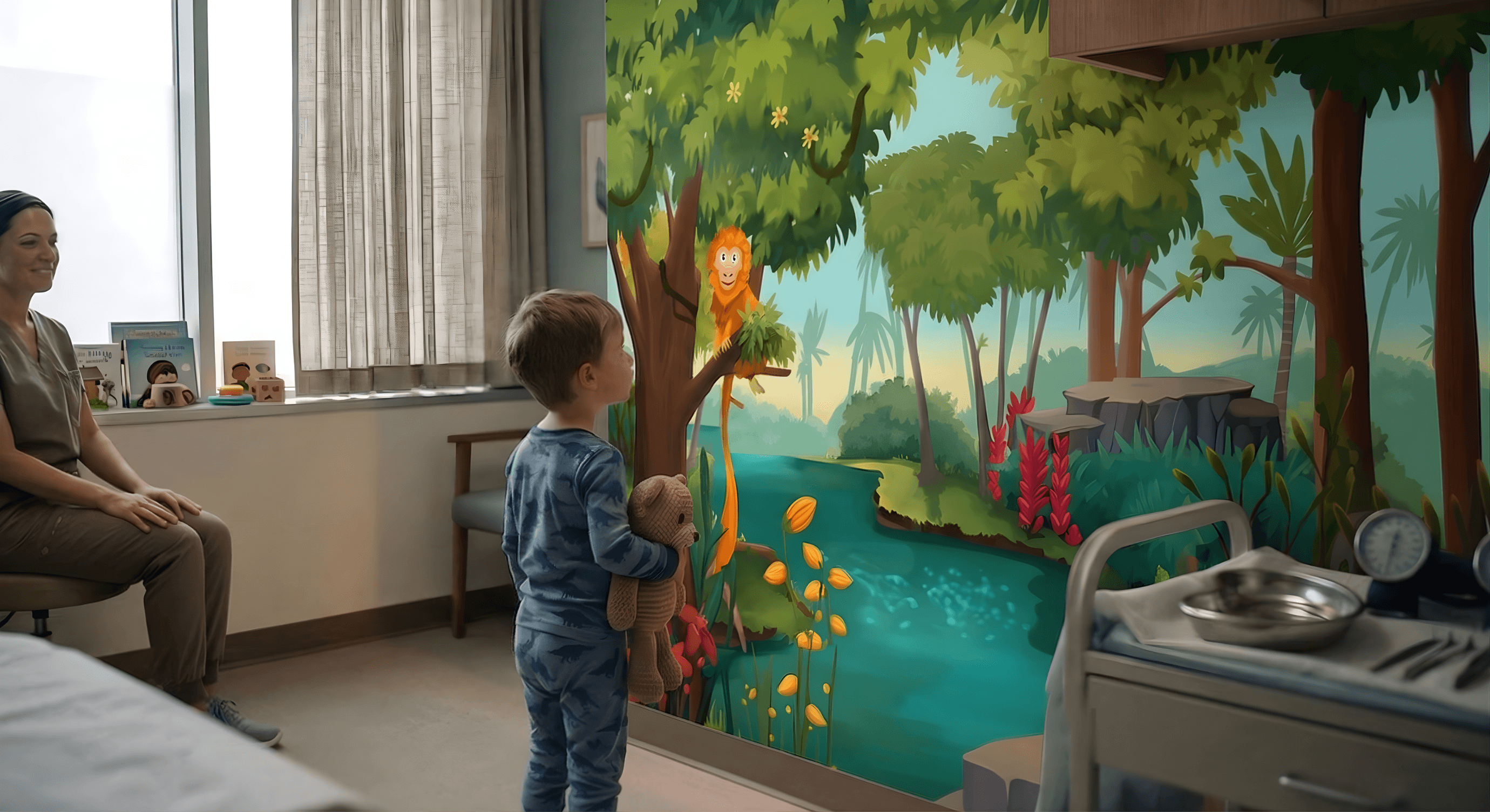A child engaging with AR technology in a pediatric healthcare environment.